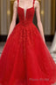 Red Tulle Lace A Line Formal Evening Dresses Appliques Long Formal Prom Dresses