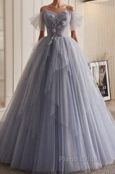 Unique And Beautiful Silver Gray Beaded Pearl Sequins Off The Shoulder Sleeveless Decal Pleated Ball Dresses Silver Gray A-Shaped Thin Gauze Pong Truffle Back Strap And Ground Length Formal Prom Dresses