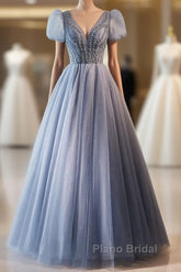 Unique And Beautiful Sky Blue Beaded Rhinestone Fluffy Short Sleeved Ball Dresses With Sky Blue A-Shaped Princess V-Neck Backless Strap And Ground Length Evening Dresses