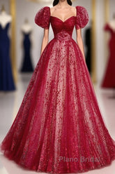 Unique And Beautiful Wine Red Sequin Square Neckline Short Sleeved Ball Dresses Wine Red A-Shaped/Princess Fluffy Backless Tie Bow And Floor Length Evening Dresses