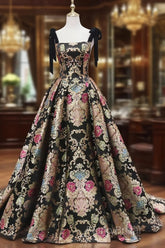 Unique Floral Floor Length Formal Prom Dresses, A-Line Black Formal Dresses