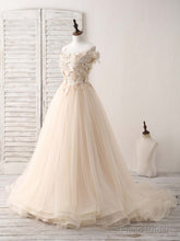 Unique  Lace Applique Tulle Long Champagne Prom Dresses Sweet 16 Dress
