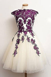 Unique Lace Tulle Short Formal Prom Dresses, Lace Bridesmaid Dresses