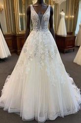 Unique Long A-line Tulle V Neck Beaded Lace Wedding Dress