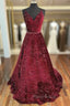 Unique Formal Prom Dresses, A-line V Neck Spaghetti Straps Long/Floor-Length Velvet Sequins Formal Prom Dresses With Beading
