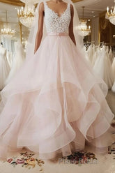 Unique v neck tulle lace long Formal Prom dress, tulle wedding dress