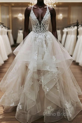 V Neck Backless Light Champagne Lace Wedding Dresses, Open Back Champagne Lace Formal Prom Dresses