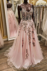 V Neck Backless Pink Lace Long Formal Prom Dress, Long Pink Lace Formal Evening Dress