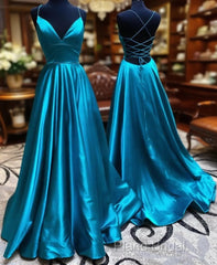 V Neck Backless Teal Long Formal Prom Dresses, V Neck Open Back Blue Formal Dresses