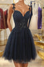 V Neck Beaded Navy Blue Lace Formal Prom Dress, Navy Blue Lace Homecoming Dress, Short Navy Blue Formal Graduation Evening Dress