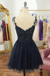 V Neck Beaded Navy Blue Lace Formal Prom Dress, Navy Blue Lace Homecoming Dress, Short Navy Blue Formal Graduation Evening Dress