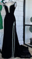 V-neck Black Long Prom Dress with Beading