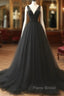 V Neck Black Tulle A Line Formal Prom Dresses