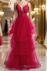 V Neck Burgundy Lace Formal Prom Dresses, Wine Red Lace Formal Evening Graduation Dresses