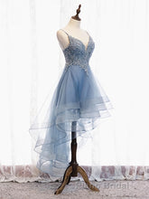 V Neck High Low Blue Lace Formal Prom Dresses, Blue Lace High Low Formal Evening Graduation Dresses
