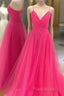 V Neck Hot Pink Backless Formal Prom Dresses, Open Back Hot Pink Long Formal Dresses