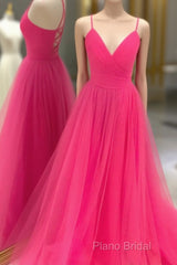 V Neck Hot Pink Backless Formal Prom Dresses, Open Back Hot Pink Long Formal Dresses