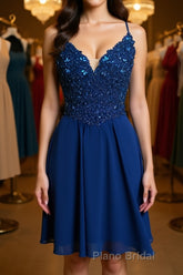 V Neck Lace Beaded Blue Homecoming Dresses Short Formal Prom Dresses, Blue Lace Graduation Dresses, Blue Formal Dresses, Evening Dresses