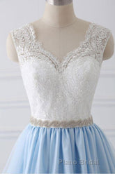 V Neck Light Blue Lace Formal Prom Dresses, Light Blue Lace Formal Evening Dresses