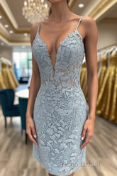 V Neck Light Blue Short Lace Formal Prom Dresses, Light Blue Short Blue Lace Graduation Homecoming Dresses