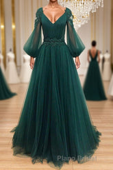 V Neck Long Sleeves Green Lace Formal Prom Dresses, V Neck Green Lace Formal Evening Dresses