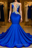 V-neck Mermaid Appliques Lace Sequined Open Back One Shoulder Floor-length Sleeveless Formal Prom Dress