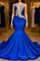 V-neck Mermaid Appliques Lace Sequined Open Back One Shoulder Floor-length Sleeveless Formal Prom Dress