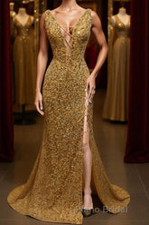 V Neck Mermaid Golden Sequins Long Formal Prom Dress with High Slit, Mermaid Golden Formal Dress, Gold Sequins Evening Dress