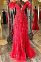 V Neck Mermaid Off Shoulder Red Lace Long Formal Prom Dress, Mermaid Red Formal Dress, Red Lace Evening Dress