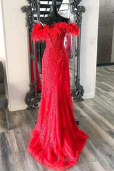V Neck Mermaid Off Shoulder Red Lace Long Formal Prom Dress, Mermaid Red Formal Dress, Red Lace Evening Dress