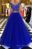V Neck Off Shoulder 2 Pieces Beads Blue Tulle Long Formal Prom Dress, Blue 2 Pieces Ball Gown, Evening Dress