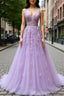 V Neck Off Shoulder Long Lilac Lace Formal Prom Dress, Off Shoulder Purple Lace Formal Graduation Evening Dress