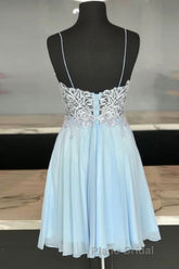 V Neck Open Back Blue Lace Short Formal Prom Dresses, Blue Lace Homecoming Dresses, Short Blue Formal Evening Dresses