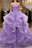 V Neck Open Back Fluffy Purple Tulle Long Formal Prom Dresses