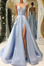 V Neck Open Back Light Blue Satin Long Formal Prom Dresses with Pocket