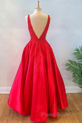 V Neck Open Back Red Lace Long Formal Prom Dress, Red Lace Formal Dress, Beaded Red Evening Dress