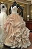 V Neck Organza Ruffles Champagne Wedding Dresses Ball Gown Ivory Lace Appliques