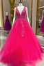 V Neck Pink Lace Formal Prom Dresses, Pink V Neck Long Lace Formal Dresses