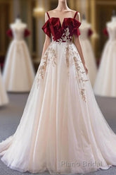 UniqueDressess Vintage Red Straps Tulle Prom Dresses, Elegant Applique Formal Prom Dresses