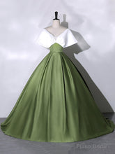 White+Green Satin Floor Length Prom Dress, V-Neck Off the Shoulder Evening Dress