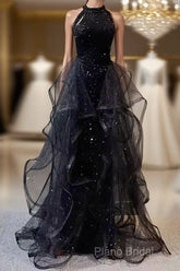 Vintage A Line Halter Black Party Dresses Sequin Formal Prom Dresses