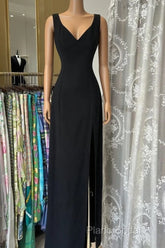 Vintage Fashion Sheath Straps Black Slit Floor Length Formal Dresses Formal Prom Dresses