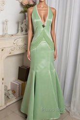 Vintage Light Green Mermaid Halter Satin Beaded Long Formal Prom Dresses