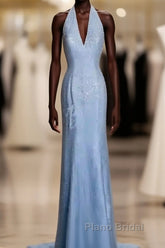 Vintage Mermaid Halter Neck Blue Sequin Formal Prom Gown Fairy Formal Prom Dresses