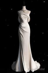 Vintage Mermaid One Shoulder Long White Satin Wedding Dresses