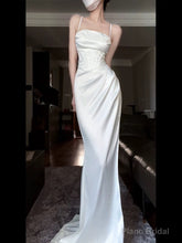 Vintage Mermaid Spaghetti Straps White Satin Long Birthday Dress Prom Dresses