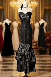 Vintage Mermaid Sweetheart Black Sequin Long Formal Prom Gown Fairy Formal Prom Dresses