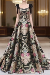 Vintage Satin Straps Floral Long Formal Long Dresses Formal Prom Dresses