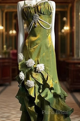 Vintage Sheath Irregular Ruffled Spaghetti Straps WomenS Green Birthday Party Dresses