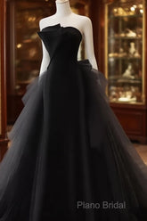 Vintage Sheath Strapless Satin Black Tulle Long Formal Prom Dresses Formal Dresses